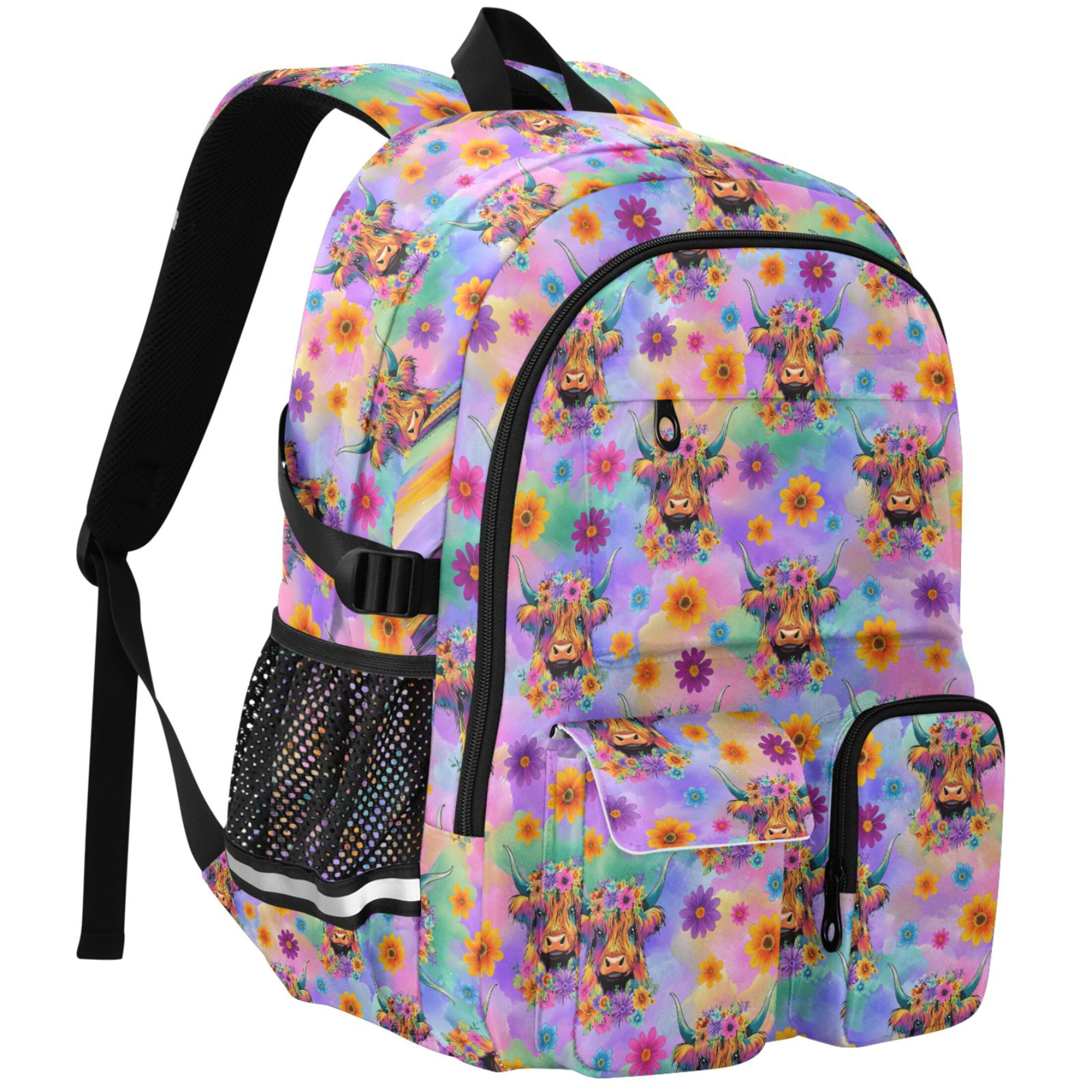 ALAZA Highland Cow Floral Gradient Print Student Backpack School Bookbag Large Laptop Daypack Travel Bag