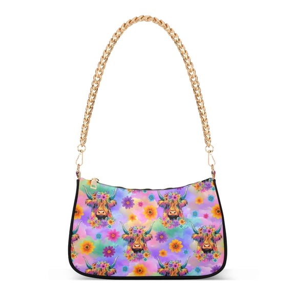 ALAZA Highland Cow Floral Gradient Women's Chain Shoulder Bag Hobo Handbag Tote Crossbody Purse