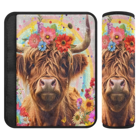 ALAZA Highland Cow Flowers Rainbow Car Seat Belt Adjuster Neck Covers Shoulder Cushions Pads S