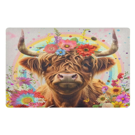 ALAZA Highland Cow Flowers Rainbow Door Mats Outdoor Indoor Entrance Low Profile Floor Rugs 32"x20" Carpet