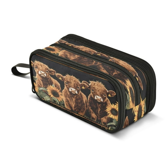 ALAZA Highland Cow Sunflower Pencil Case Bag 3 Compartment Pen Pouch Large Storage Holder Box Organizer