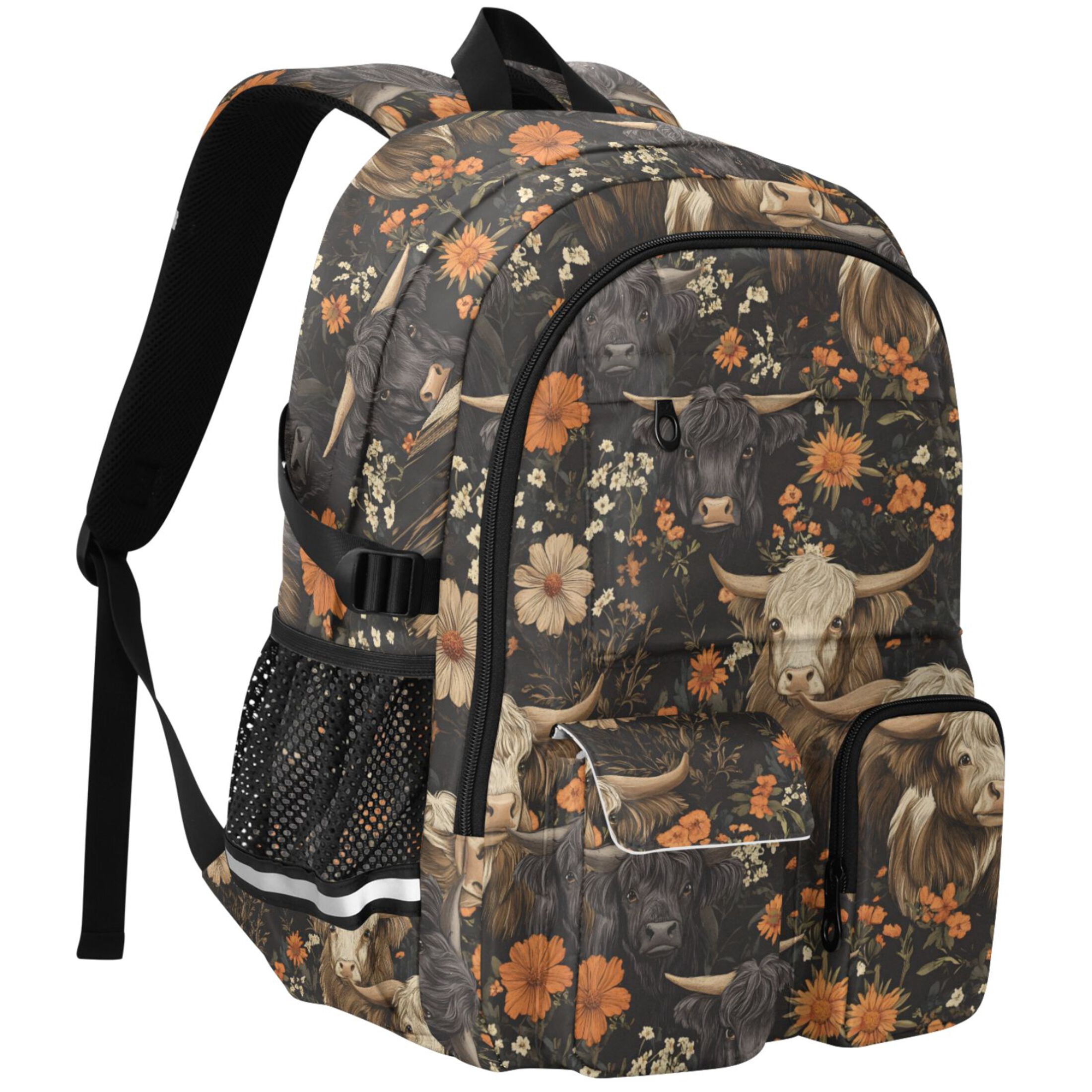 ALAZA Highland Cows Flower Print Student Backpack School Bookbag Large Laptop Daypack Travel Bag