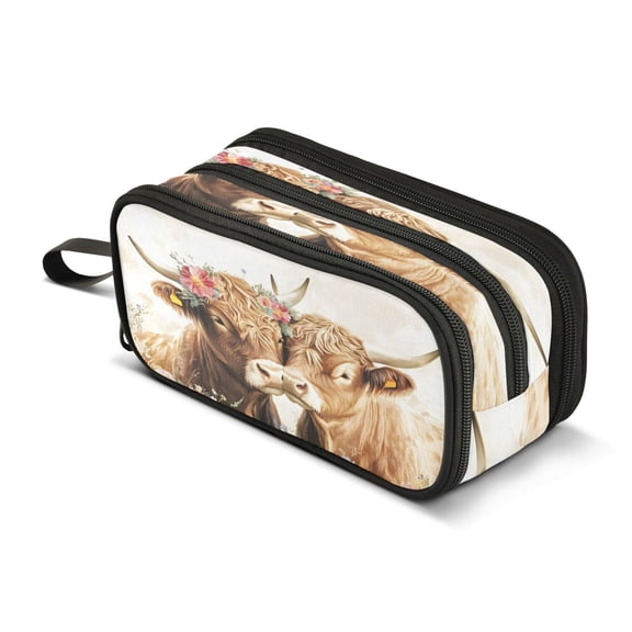 ALAZA Highland Cows Pencil Case Bag 3 Compartment Pen Pouch Large Storage Holder Box Organizer