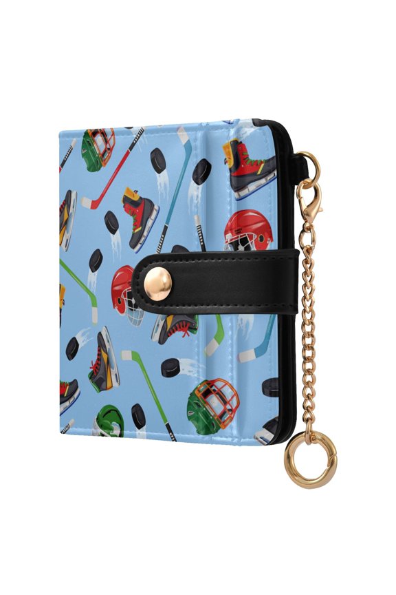 Hockey Player Items Pattern RFID Blocking Bifold Wallet Women Compact Card Holder with ID Window Zipper Coin Pocket