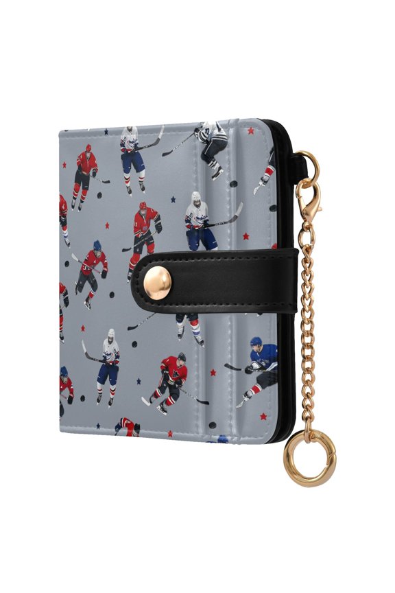 Hockey Players Winter Pattern RFID Blocking Bifold Wallet Women Compact Card Holder with ID Window Zipper Coin Pocket