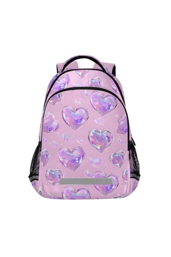 Holographic Glitter Hearts Backpack Elementary School Bag Bookbag Travel Rucksack