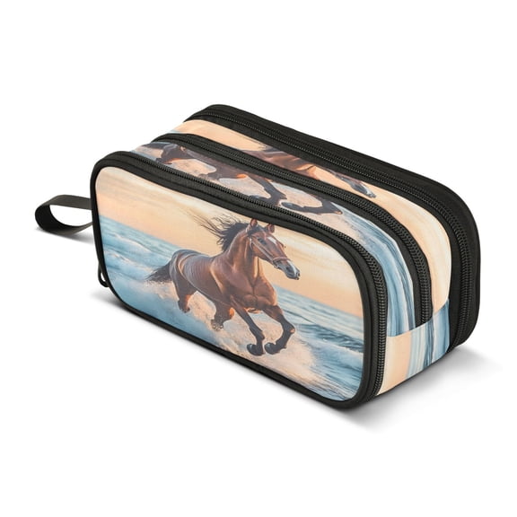 ALAZA Horse Running Sea Pencil Case Bag 3 Compartment Pen Pouch Large Storage Holder Box Organizer