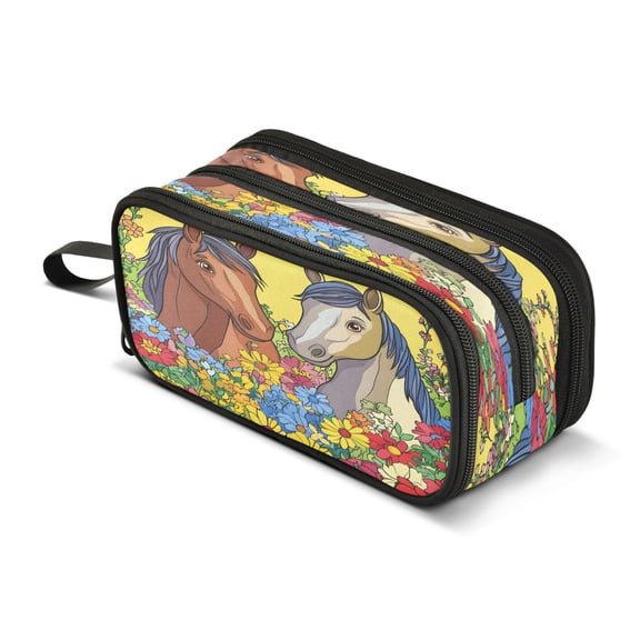 ALAZA Horse in Flowers Pencil Case Bag 3 Compartment Pen Pouch Large Storage Holder Box Organizer