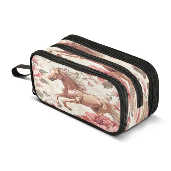 ALAZA Horse in Flowers Pencil Case Bag 3 Compartment Pen Pouch Large Storage Holder Box Organizer