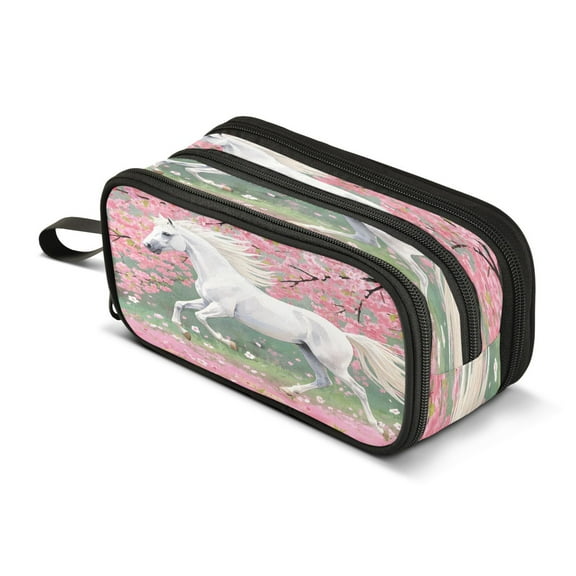 ALAZA Horse in Peach Forest Pencil Case Bag 3 Compartment Pen Pouch Large Storage Holder Box Organizer