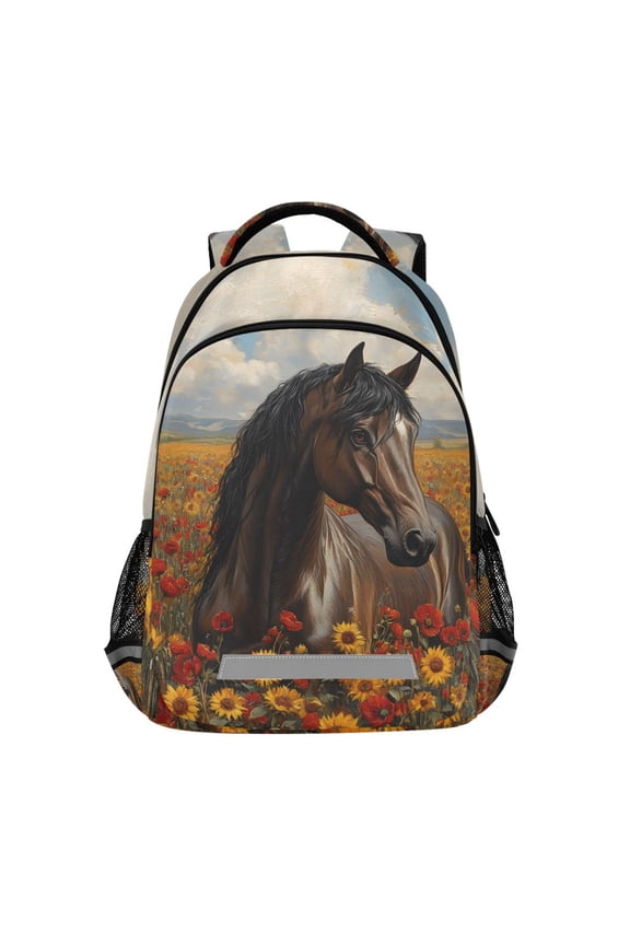 Horse in Wild Flower Backpack Elementary School Bag Bookbag Travel Rucksack