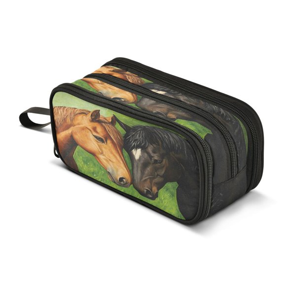 ALAZA Horses Pencil Case Bag 3 Compartment Pen Pouch Large Storage Holder Box Organizer