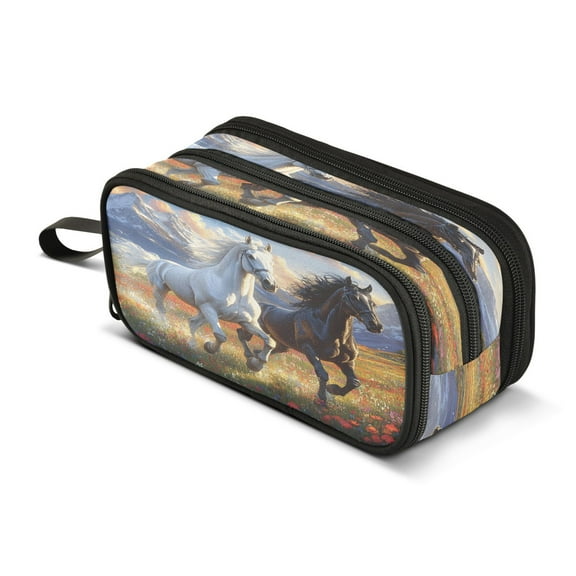 ALAZA Horses on Field Pencil Case Bag 3 Compartment Pen Pouch Large Storage Holder Box Organizer