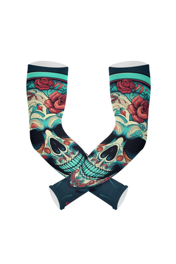 Human Skeleton Listening Music UV Sun Protection Arm Sleeves UPF 50+ Compression Cooling Sleeve 1 Pair