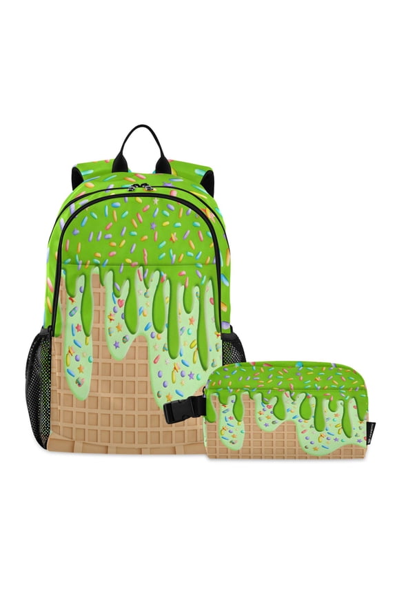 Ice Cream Green School Backpack Lunch Box Set Student Bookbag