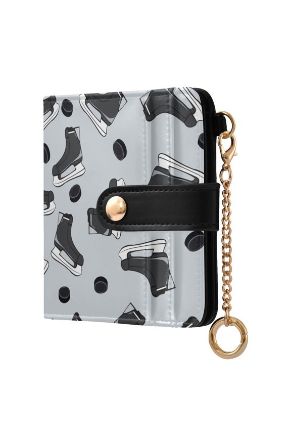 Ice Hockey Gray Skates Pattern RFID Blocking Bifold Wallet Women Compact Card Holder with ID Window Zipper Coin Pocket
