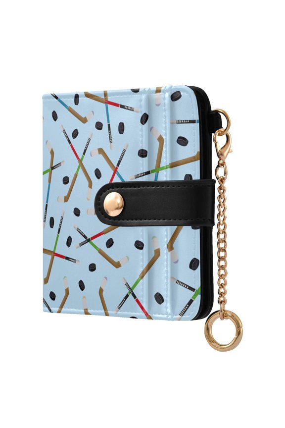 Ice Hockey Stick Pattern RFID Blocking Bifold Wallet Women Compact Card Holder with ID Window Zipper Coin Pocket