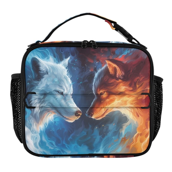 ALAZA Ice and Fire Cool Wolves Lunch Box Insulated Lunch Bag Cooler Tote with Shoulder Strap