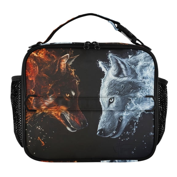 ALAZA Ice and Fire Wolves Head Lunch Box Insulated Lunch Bag Cooler Tote with Shoulder Strap