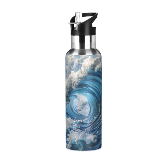 ALAZA Japanese Wave Water Bottle Insulated Flask Stainless Steel Straw Lid 20 oz