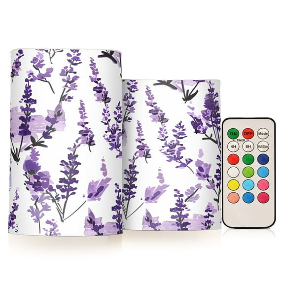 ALAZA Lavender Flower 2 PCs LED Flickering Flameless Candles with Remote Timer Battery Operated Candle