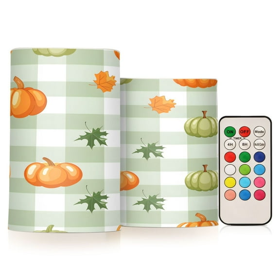 ALAZA Leaves Pumpkins on Checkered 2 PCs LED Flickering Flameless Candles with Remote Timer Battery Operated Candle