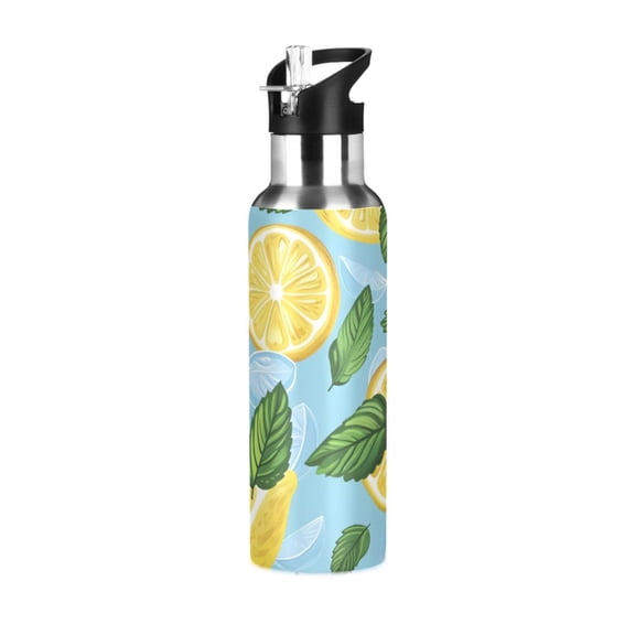ALAZA Lemon Leaves Hand Drawn Water Bottle Insulated Flask Stainless Steel Straw Lid 20 oz