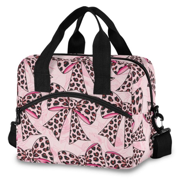 ALAZA Leopard Print Bows Insulated Lunch Box Large Reusable Cooler Bag with Shoulder Strap