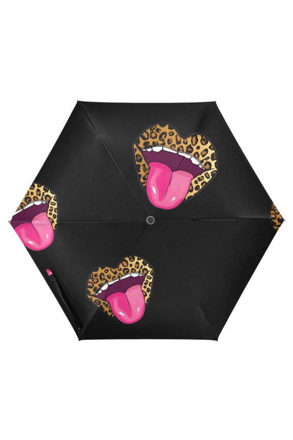 Leopard Red Lips1 UPF 50+ Compact Folding Umbrella for Rain Travel Umbrella Packable