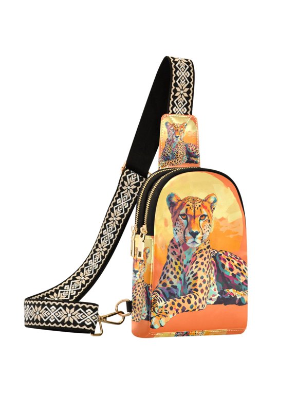 Leopard with Sun Sling Bag for Women Men Waterproof Crossbody Chest Bags