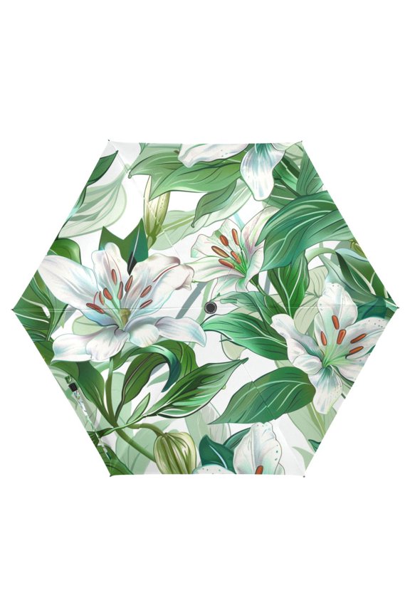 Lily Flowers with Leaves UPF 50+ Compact Folding Umbrella for Rain Travel Umbrella Packable