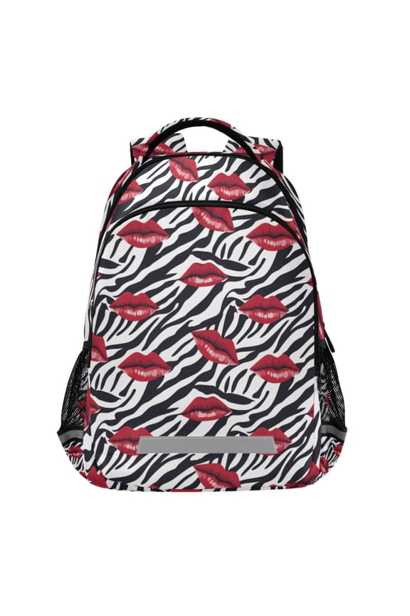 Lips on Zebra Pattern Backpack Elementary School Bags Student Bookbag Travel Rucksack