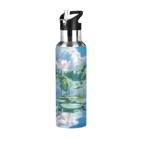 ALAZA Lotus Leaves Blue Sky Water Bottle Insulated Flask Stainless Steel Straw Lid 20 oz