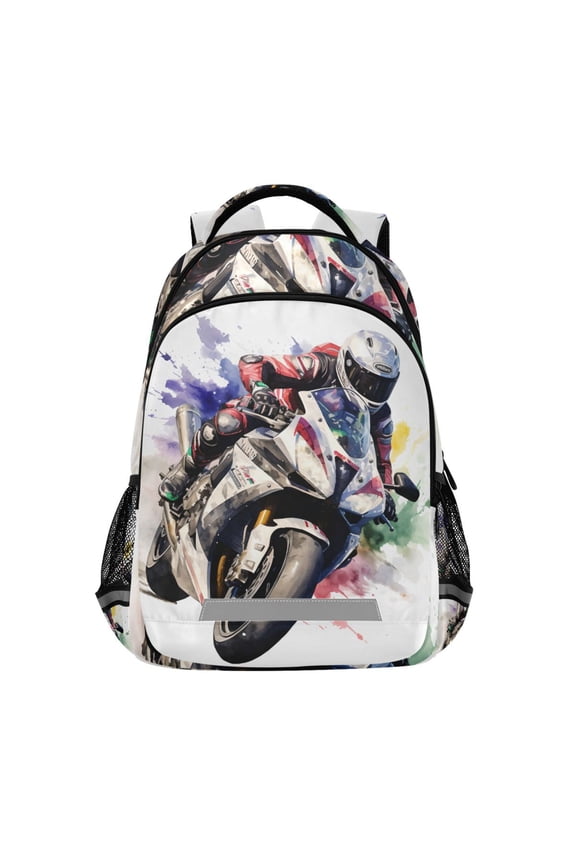 Men Riding Motocycle Backpack Elementary School Bag Bookbag Travel Rucksack
