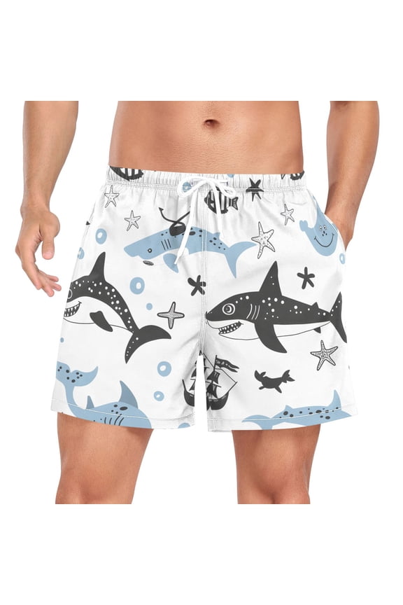 Men's Swim Trunks Beach Shorts Cartoon Shark Fish Lightweight Athletic Bathing Suits M