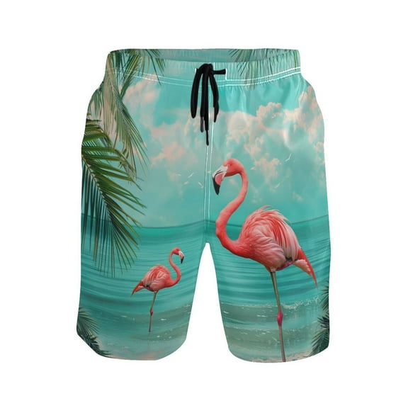 ALAZA Men's Swim Trunks Flamingo Summer Tropical Palm Tree Beach Shorts with Pockets M