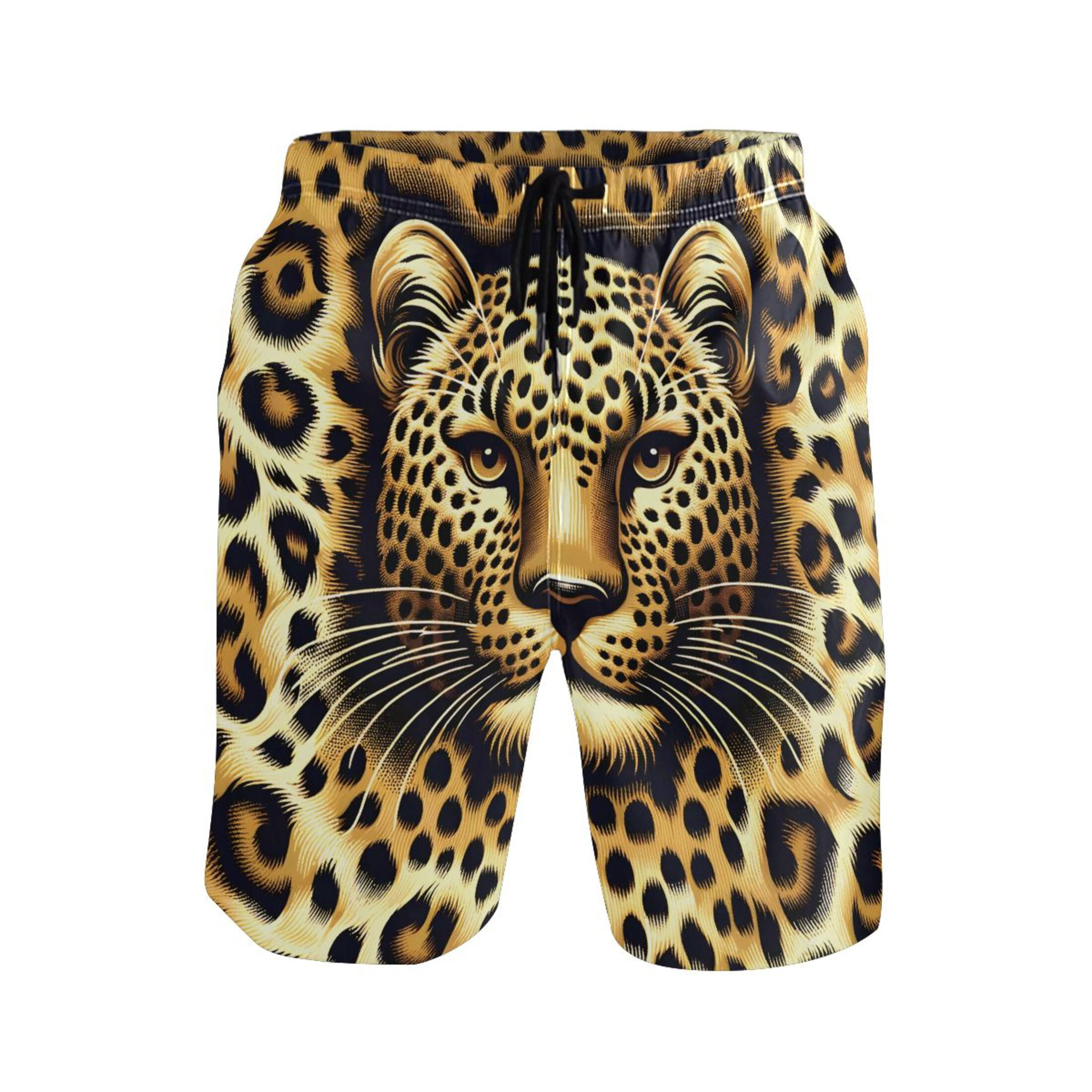 ALAZA Men's Swim Trunks Leopard Head Brown Beach Shorts with Pockets L ...