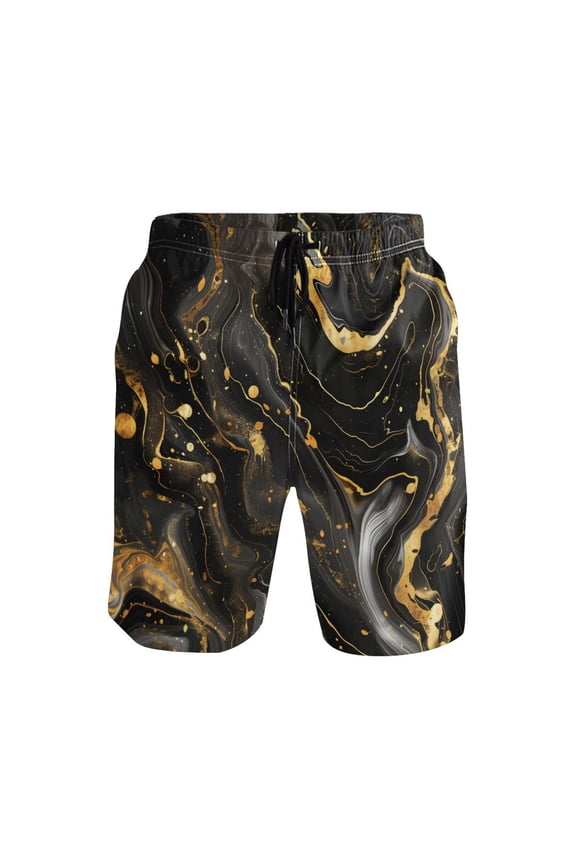 Men's Swim Trunks Luxury Black and Gold Marble Beach Shorts with Pockets M