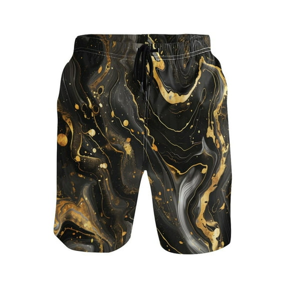 ALAZA Men's Swim Trunks Luxury Black and Gold Marble Beach Shorts with Pockets XL