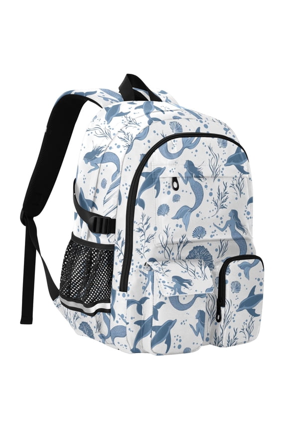 Mermaid Dolphins Coral Print Student Backpack School Bookbag Large Laptop Daypack Travel Bag