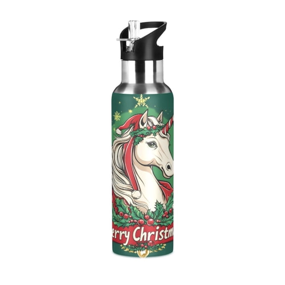 ALAZA Merry Christmas Unicorn Water Bottle Insulated Flask Stainless Steel Straw Lid 20 oz