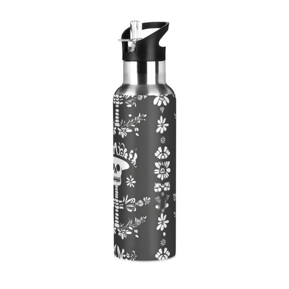 ALAZA Mexican Skull Flowers Water Bottle Insulated Flask Stainless Steel Straw Lid 20 oz