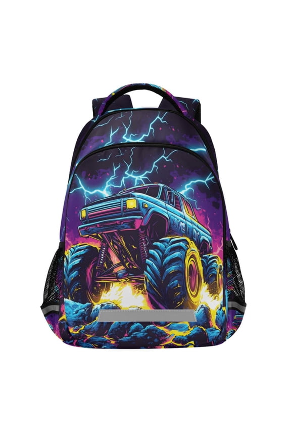 Monster Truck Lightning Pattern Backpack Elementary School Bags Student Bookbag Travel Rucksack