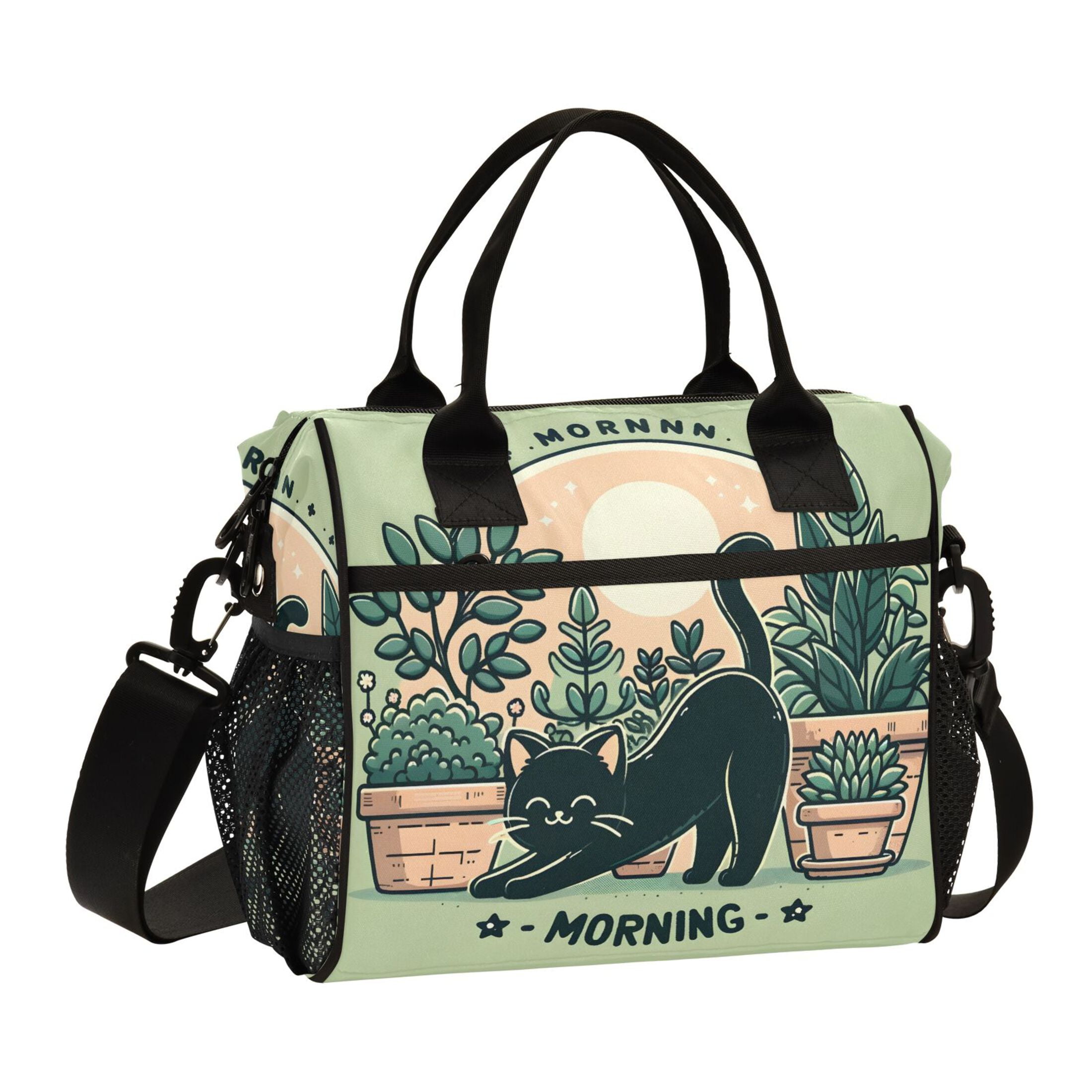 ALAZA Morning Black Cat Insulated Lunch Bag Reusable Tote Box Adjustable Shoulder Strap for Work Picnic