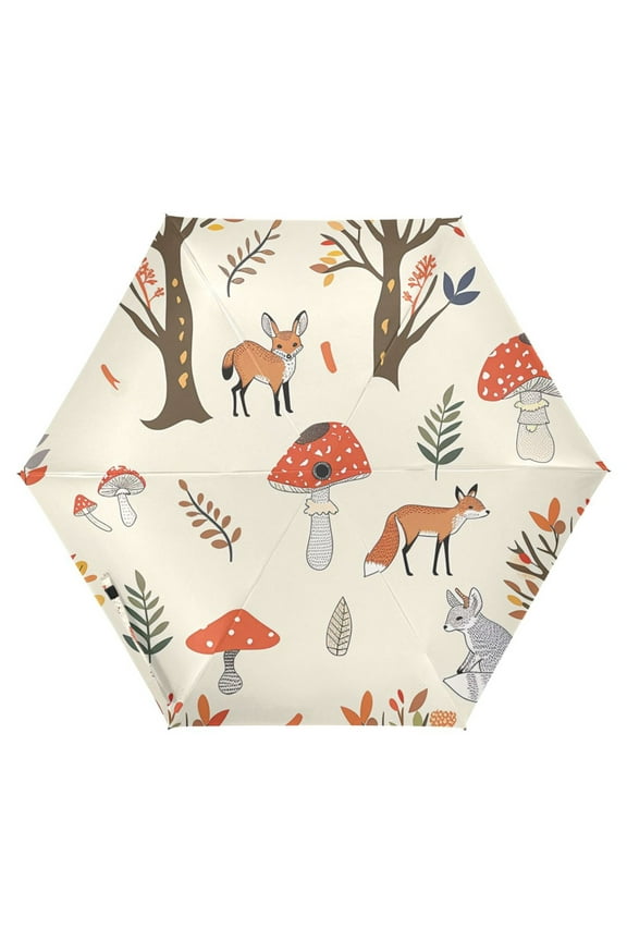 Mushroom Fox Tree Cartoon UPF 50+ Compact Folding Umbrella for Rain Travel Umbrella Packable