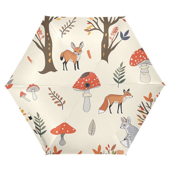ALAZA Mushroom Fox Tree Cartoon UPF 50+ Compact Folding Umbrella for Rain Travel Umbrella Packable