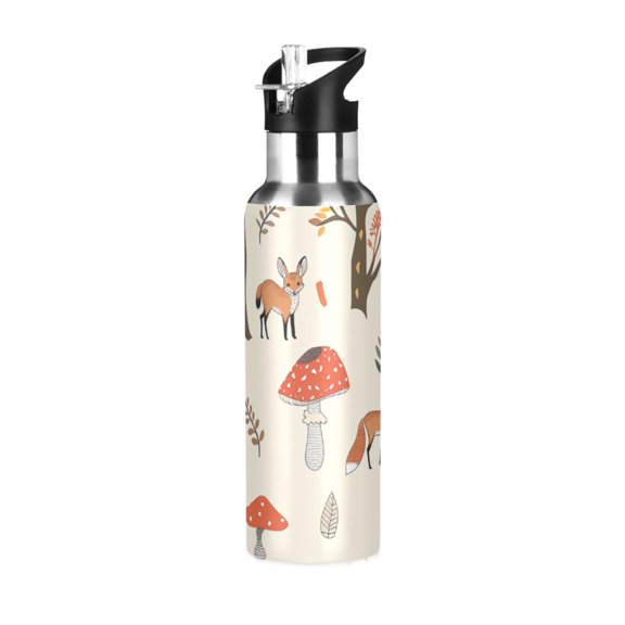 ALAZA Mushroom Fox Tree Cartoon Water Bottle Insulated Flask Stainless Steel Straw Lid 20 oz