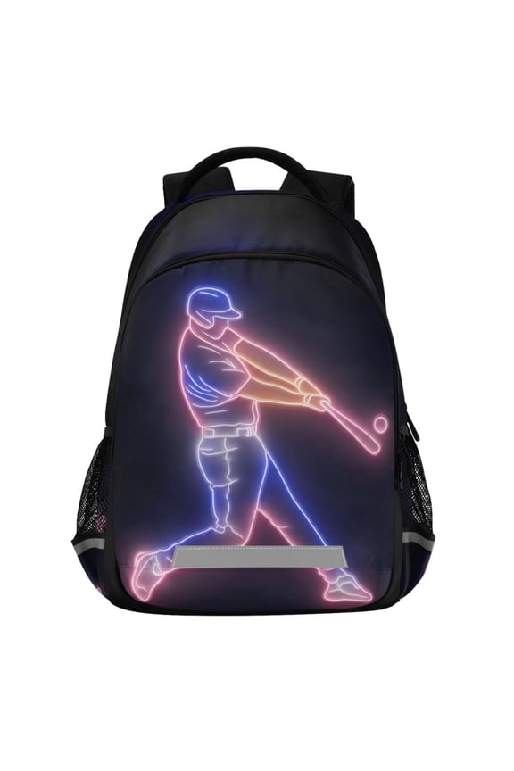 Neon Baseball Player Pattern Backpack Elementary School Bags Student Bookbag Travel Rucksack