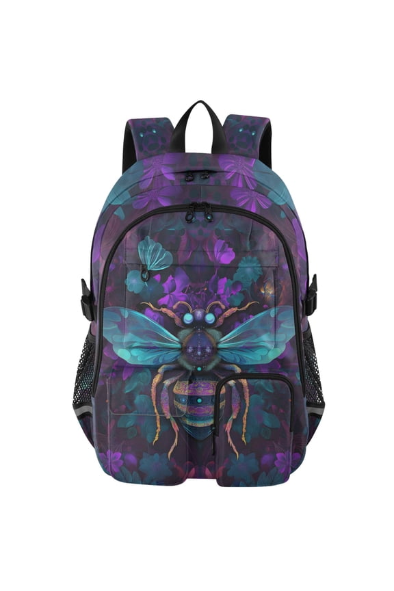 Neon Bee Flower Print Student Backpack School Bookbag Large Laptop Daypack Travel Bag