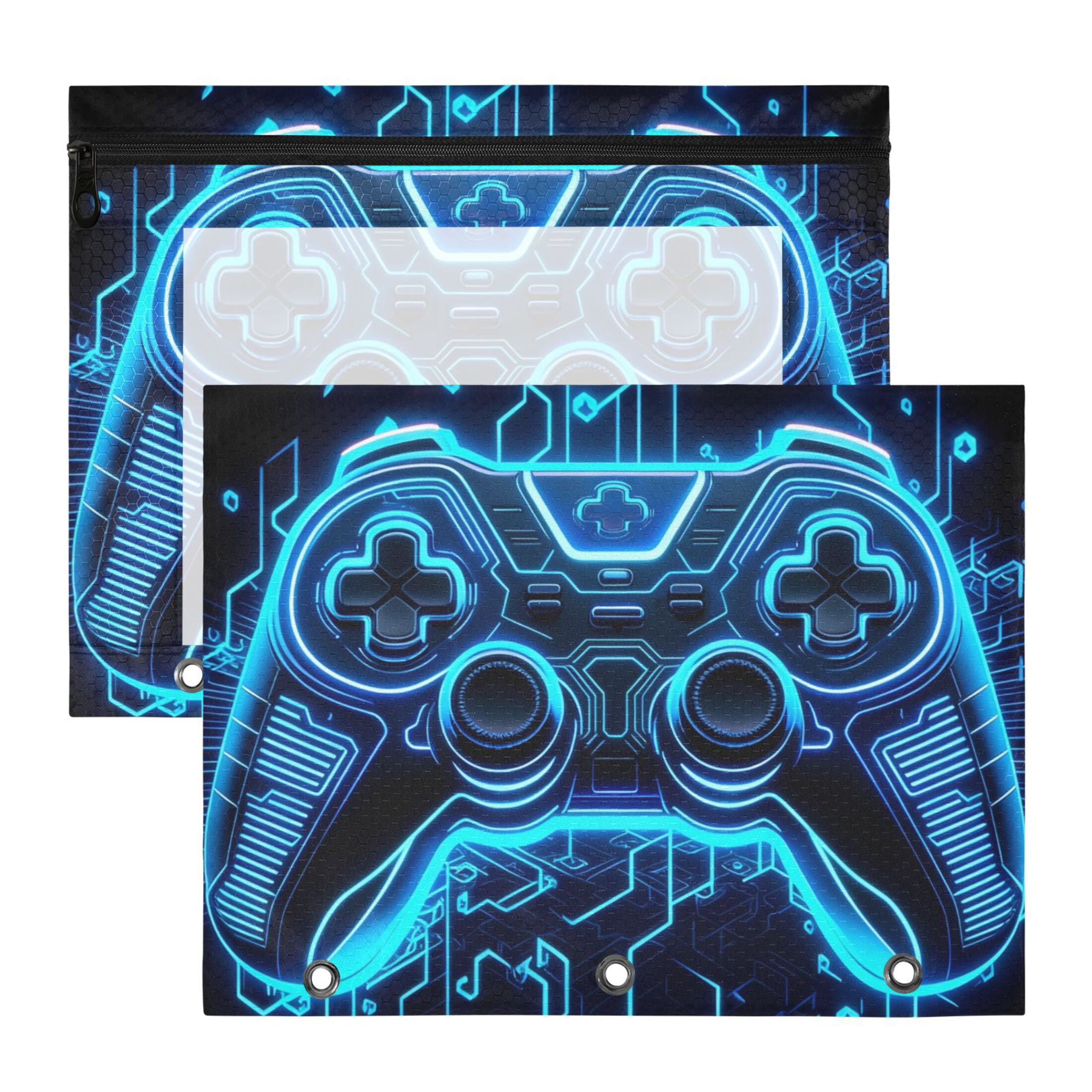 ALAZA Neon Game Controller Cool Pattern Pencil Pouch 3 Ring Binder with Clear Window Organizers Case Bag 2PCs